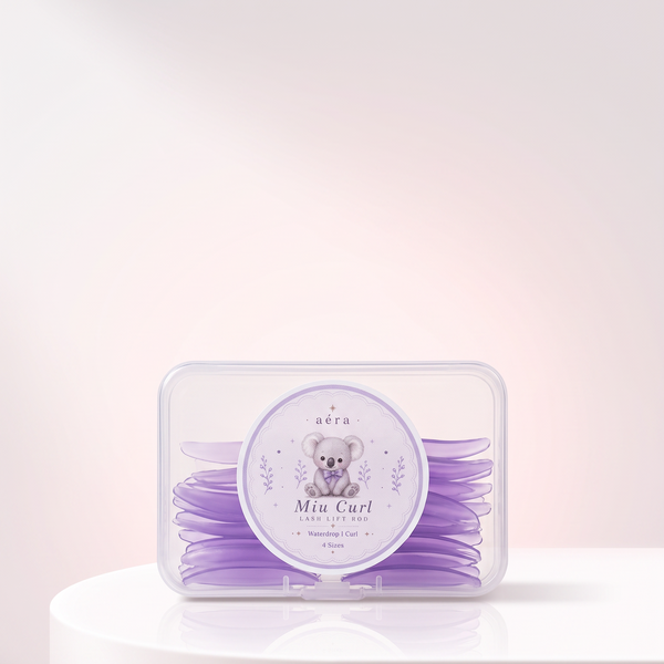 Miu Curl purple silicone perm pads in clear storage case, with illustrated label
