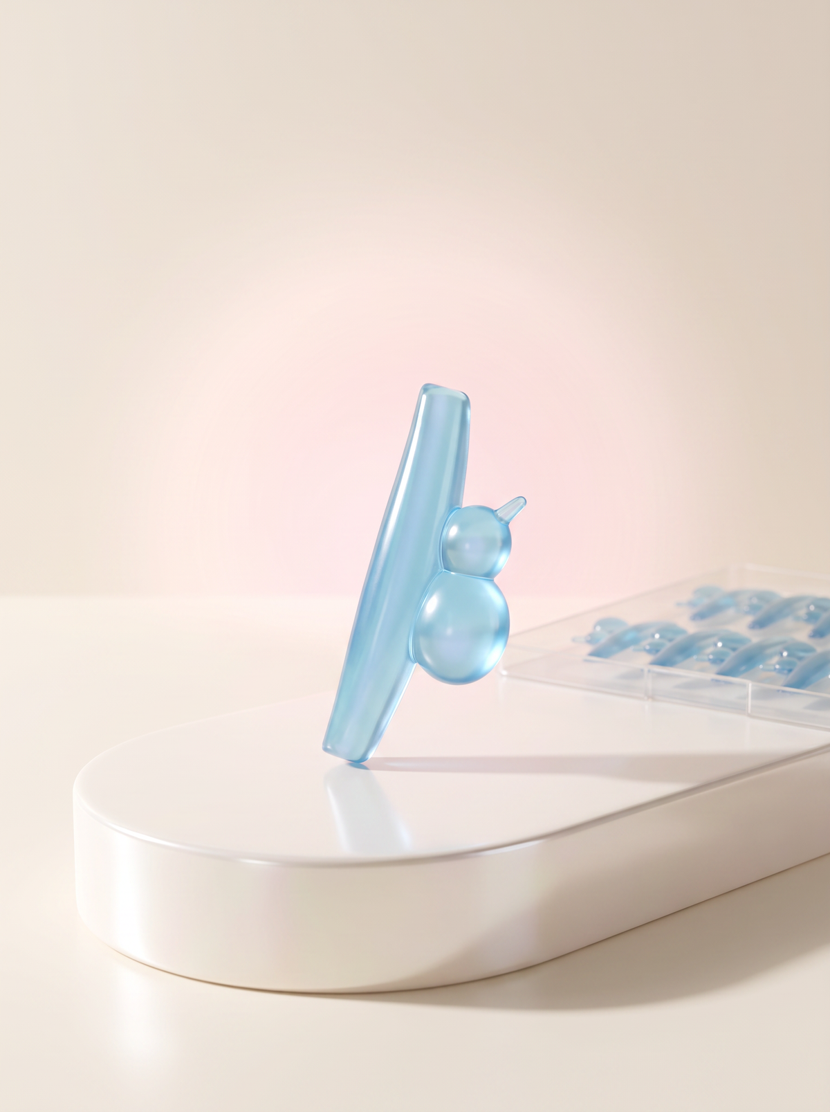 Blue Yuki Rod standing on a white display base