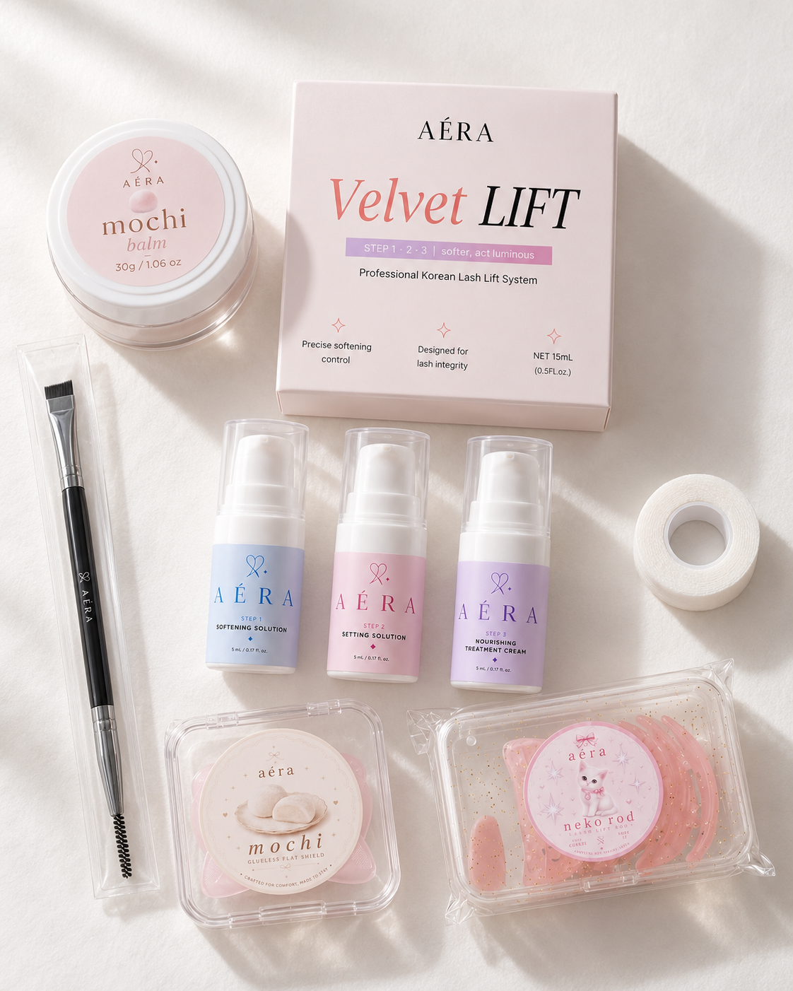 AÉRA K-Lift starter set with Velvet Lift box, three bottles, balm, brush, and pads