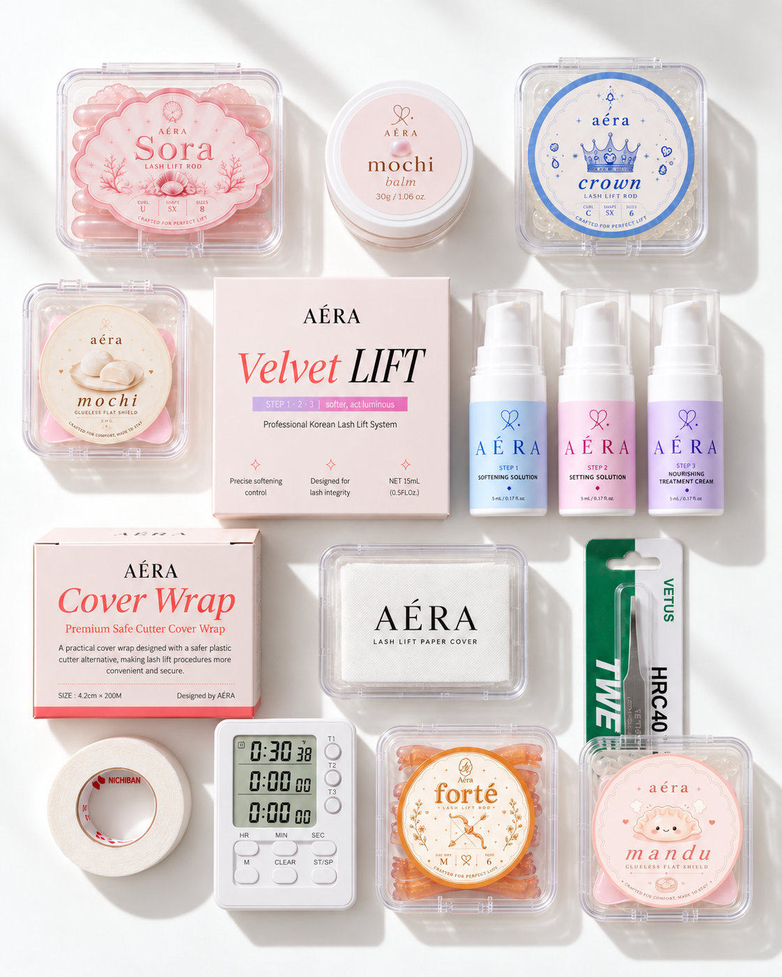 AÉRA K-Lift cosmetic lift kit with pads, shields, tape, wrap, sprays, and timer