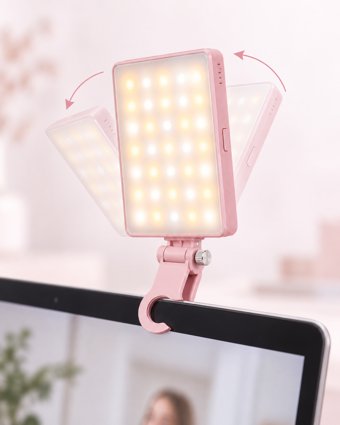 Pink rechargeable clip fill light clipped to a monitor, LED panel glowing