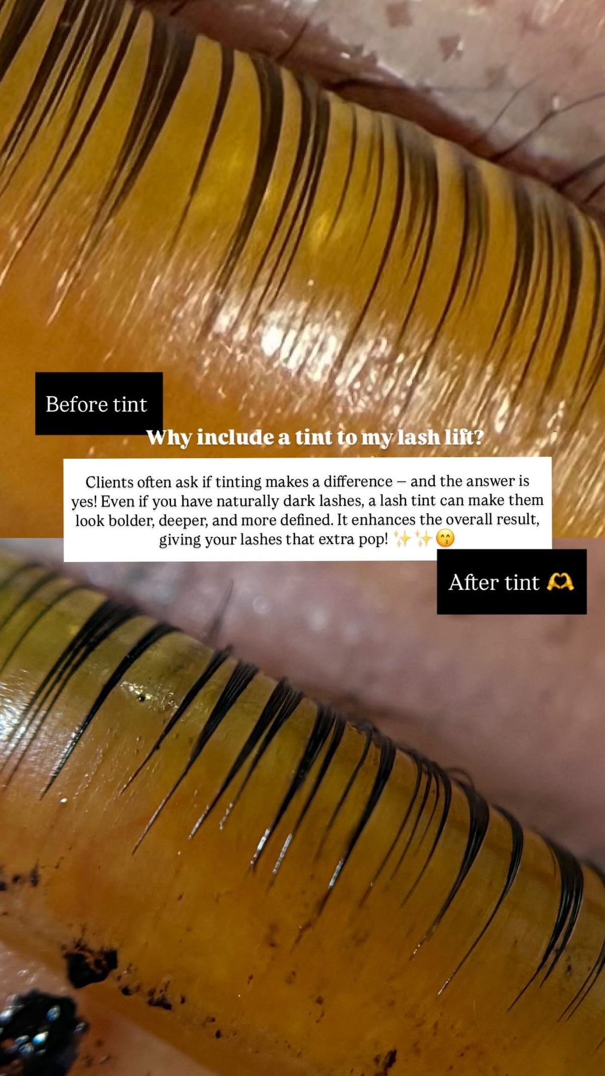 Close-up of lashes with black tint, glossy coated look