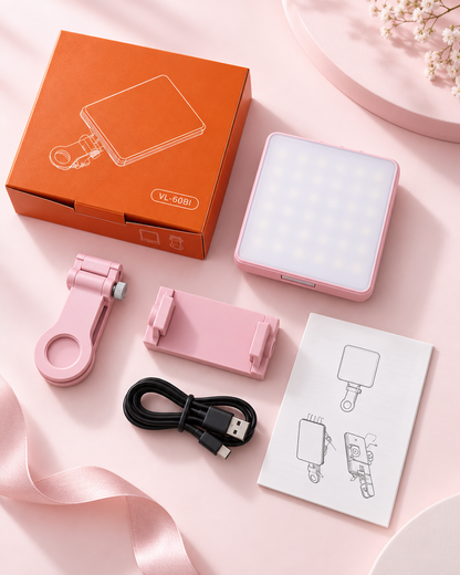 Rechargeable clip fill light kit in pink: LED panel, clip, cable, box, manual