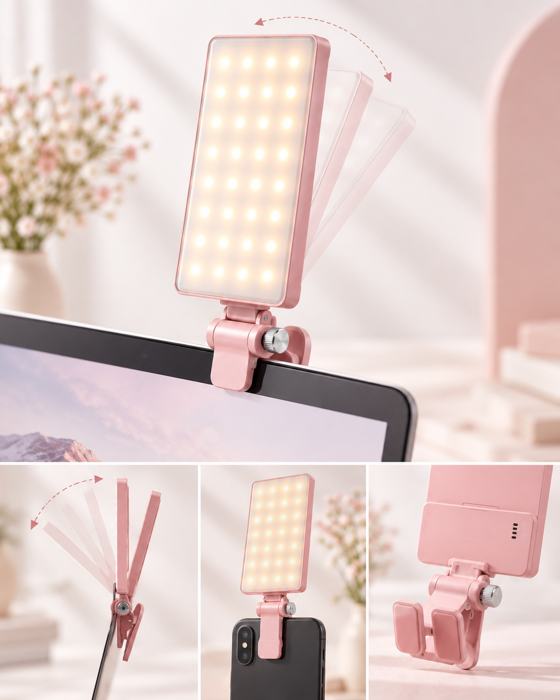 Pink rechargeable clip fill light with LED panel clipped onto a tablet or mirror