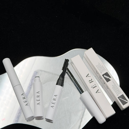 AÉRA dual-end brow gel tube, spoolie applicator, and boxed packaging set
