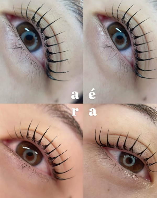 Four-panel close-up of a person's eye wearing long, dark false eyelashes, with the letters 'ara' centered between the panels.