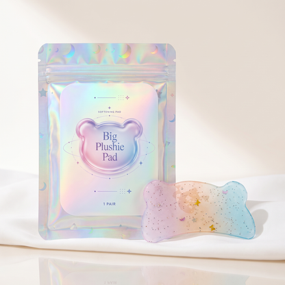 Big Plushie Softening Pad in iridescent pouch with bear-shaped glittery pad