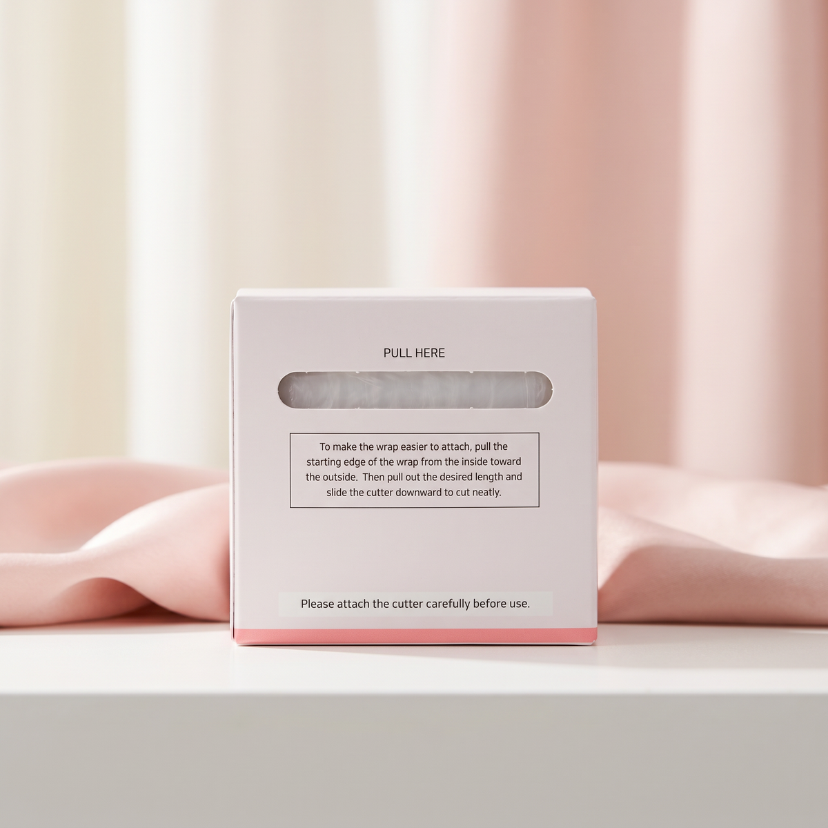 Cover wrap box back with pull-here window, white with pink base; beige fabric edge