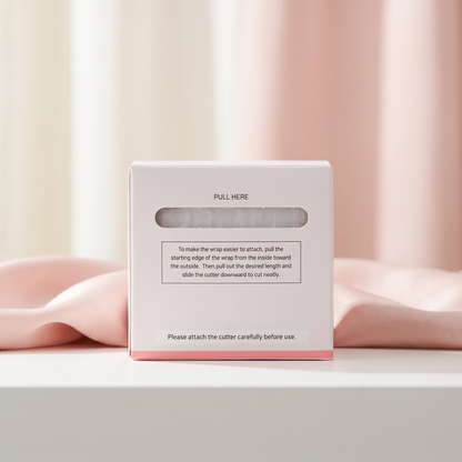 Cover wrap box back with pull-here window, white with pink base; beige fabric edge