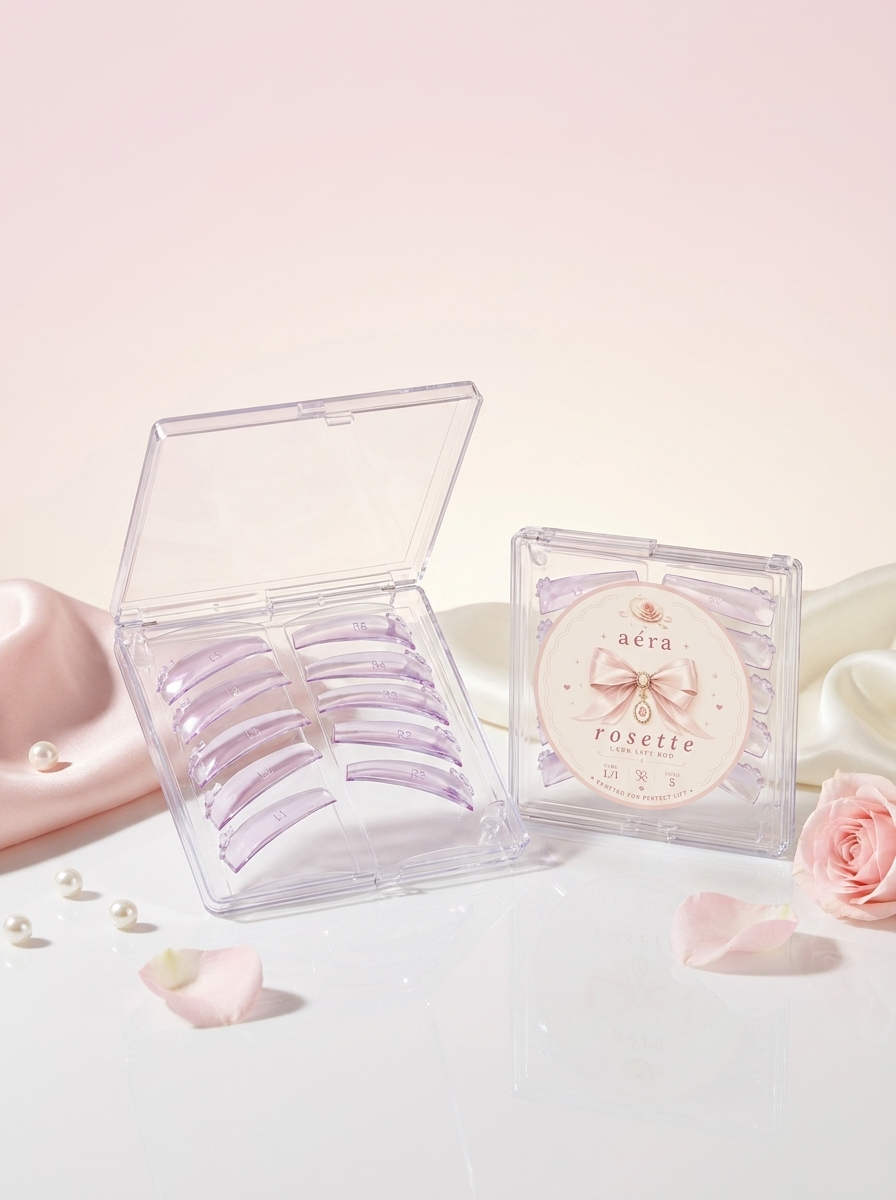 AÉRA Rosette Rod lash set in clear storage cases with pink lash strips