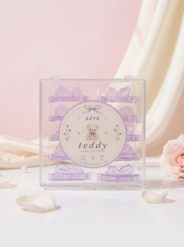 Clear acrylic display box with labeled teddy rod lash set and clips inside