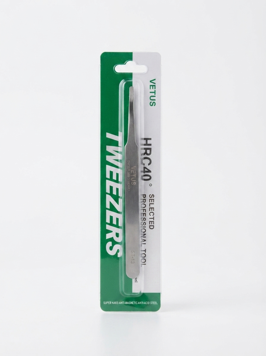 AÉRA ST-13 straight tweezer in green and silver retail packaging