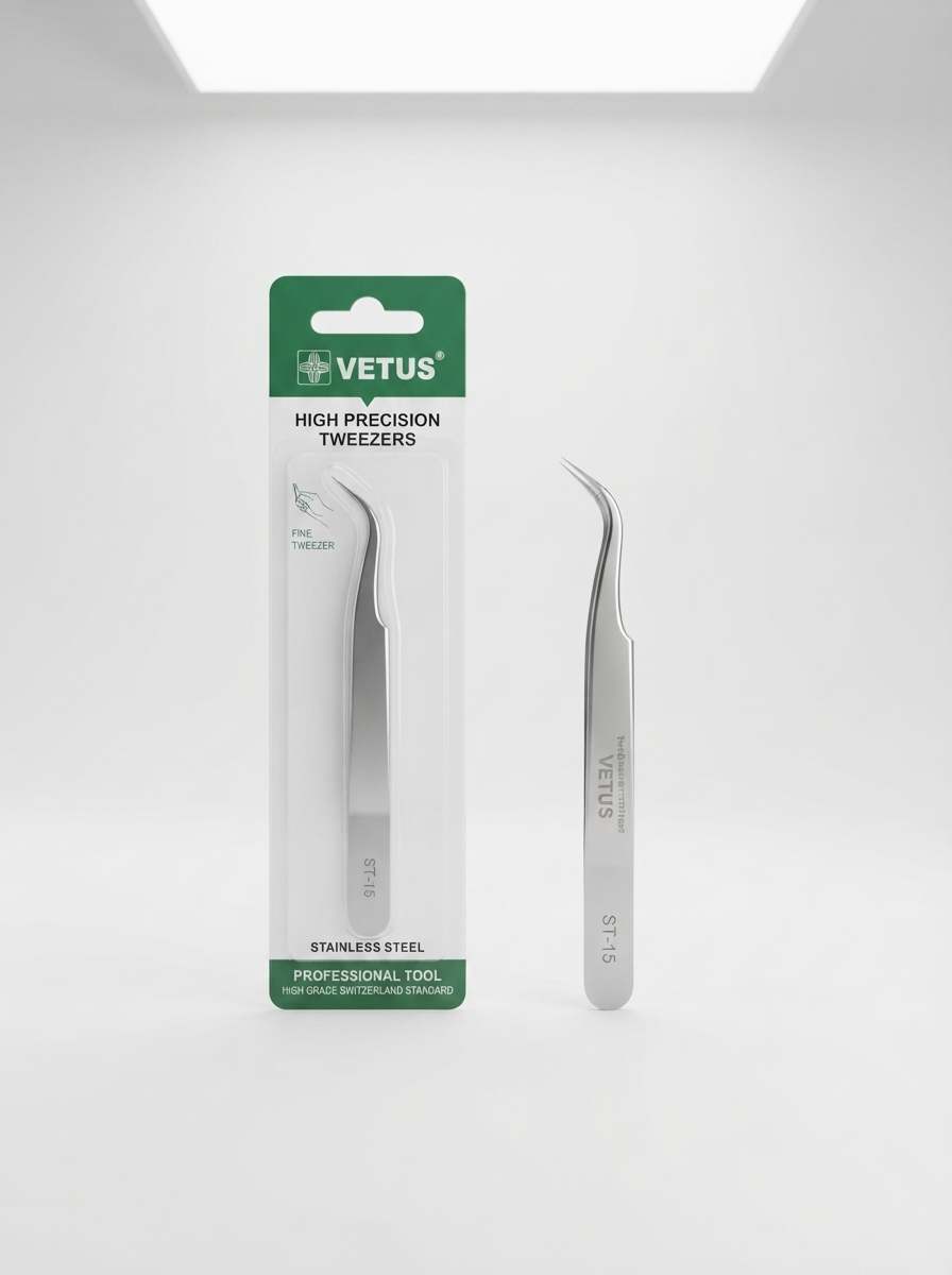 Curved stainless steel precision tweezer with angled, pointed tips