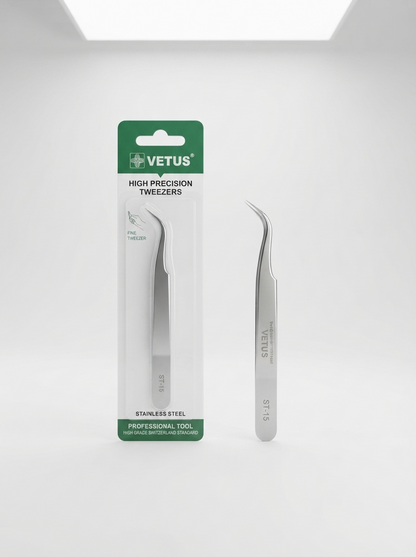 Curved stainless steel precision tweezer with angled, pointed tips