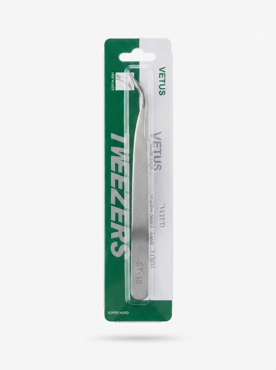 Packaged curved stainless steel ST-15 tweezers on green blister card