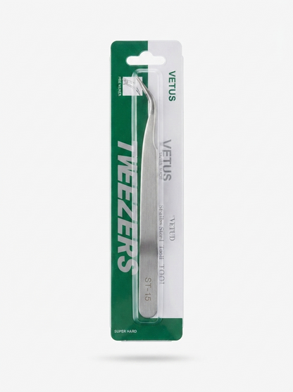 Packaged curved stainless steel ST-15 tweezers on green blister card